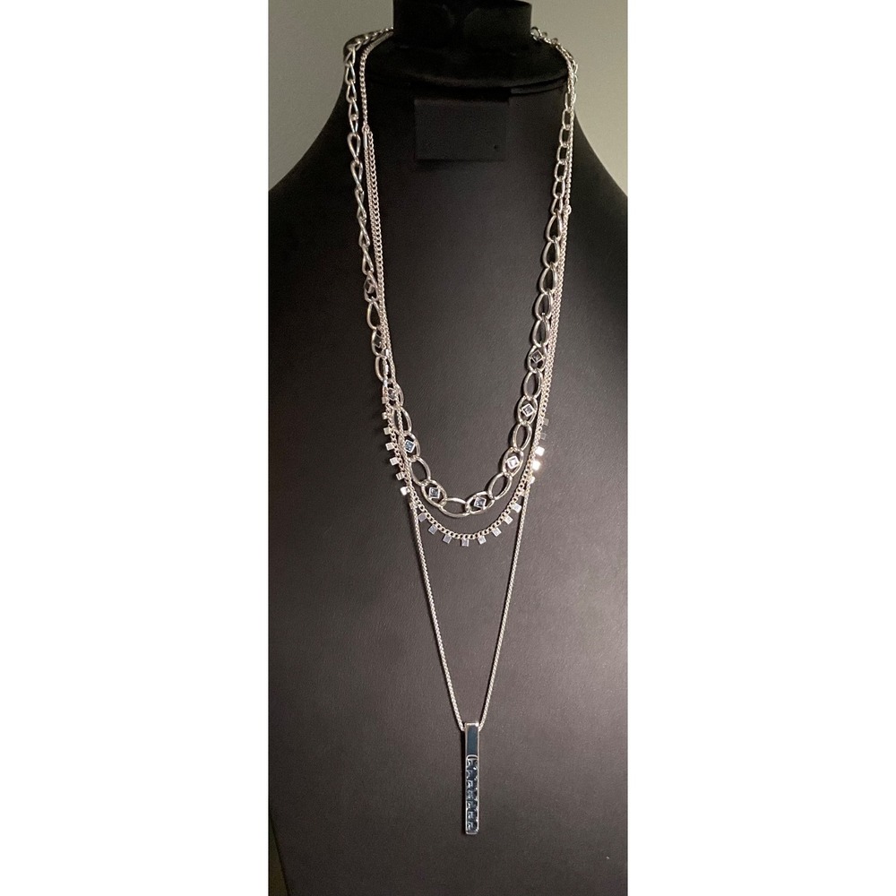 NINE-WEST 3 STRAND BAR SILVERTONE NECKLACE 26" CHANNEL SET CRYSTAL RHINESTONES